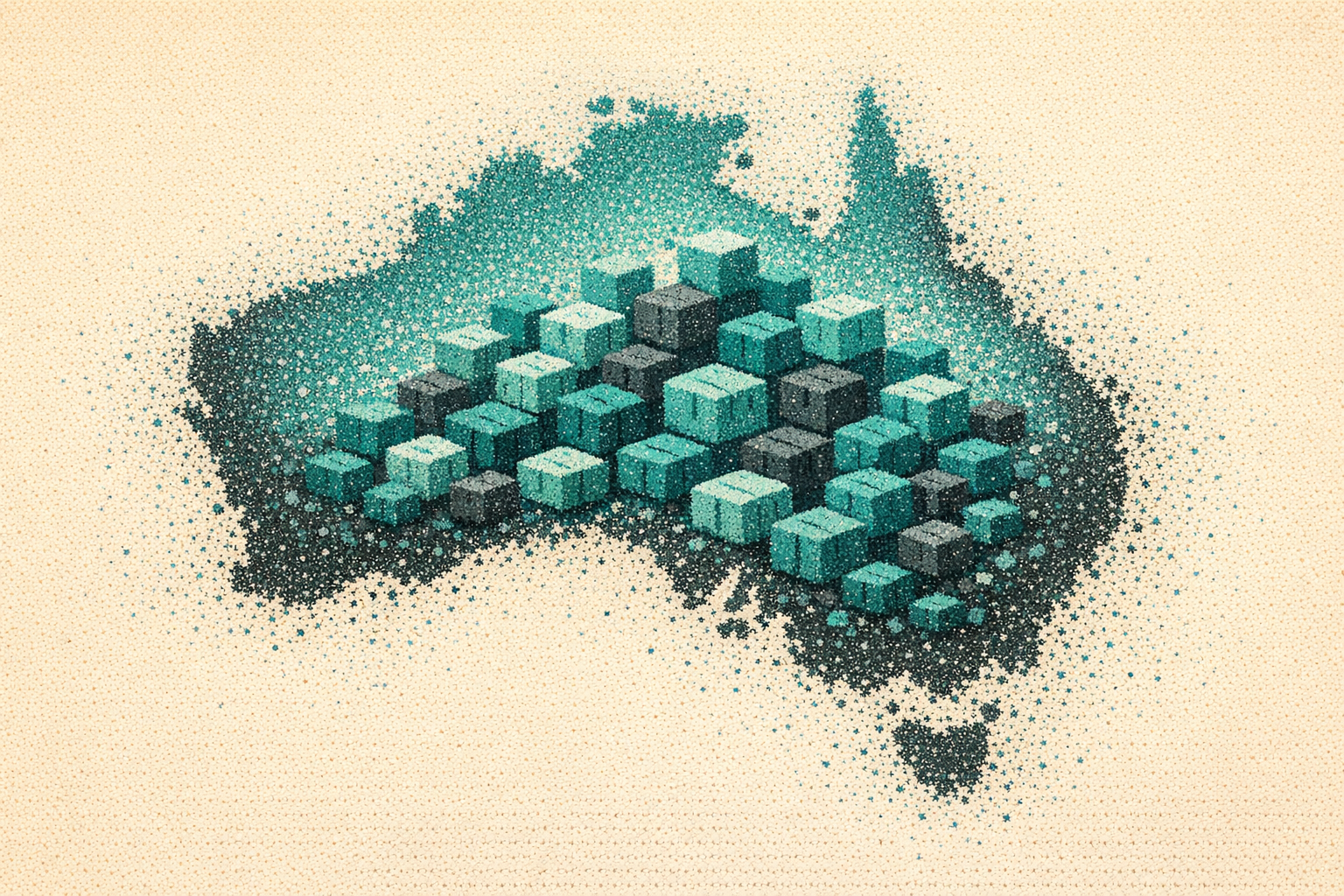Pointillist illustration of the Australian continent rendered as a cluster of stacked travel cubes.