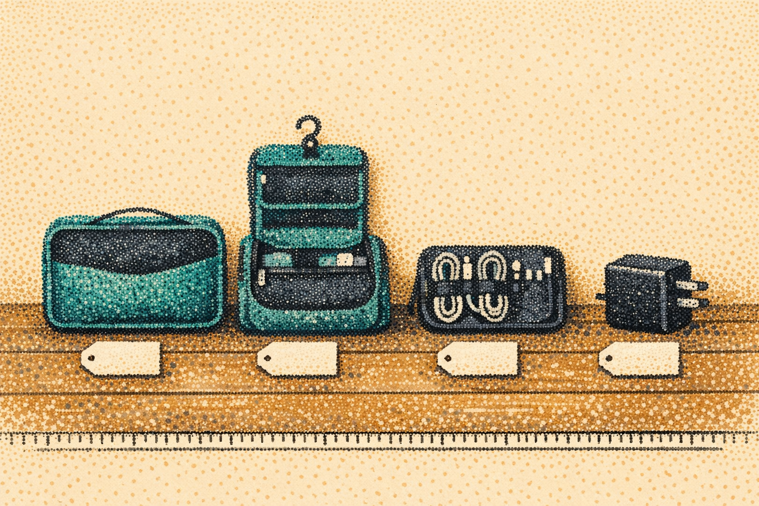 Pointillist illustration of four travel accessories laid side by side on a wooden floor with blank price-tag cards beneath each item, on a sand background.