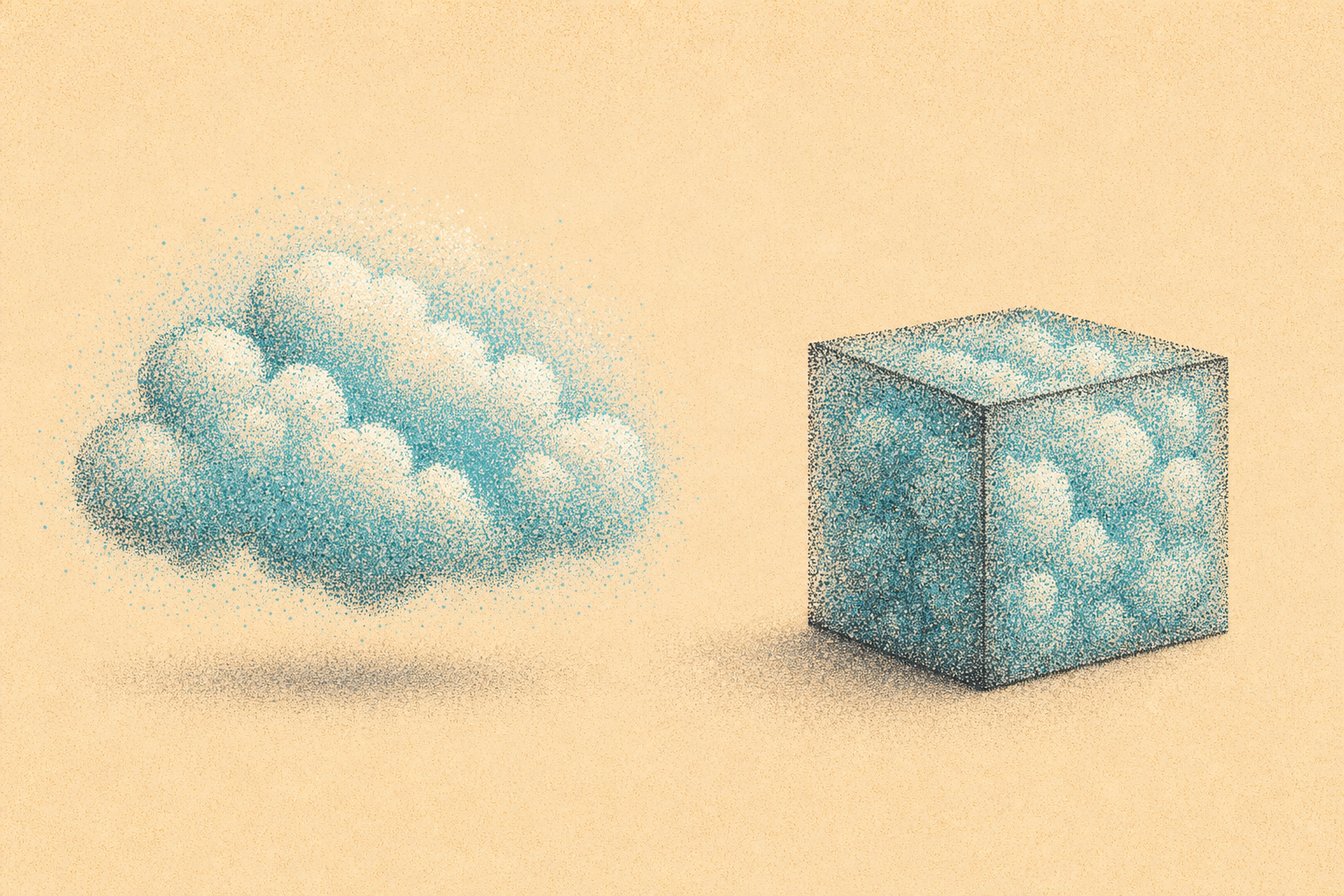 Pointillist illustration showing a loose cloud on the left and the same cloud compressed into a tight cube on the right.