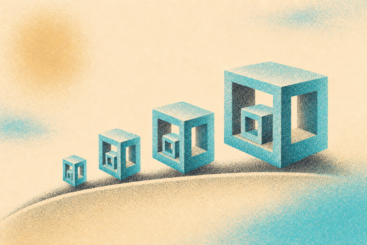 Pointillist illustration of four packing cubes in ascending sizes arranged in a row on a sand background.