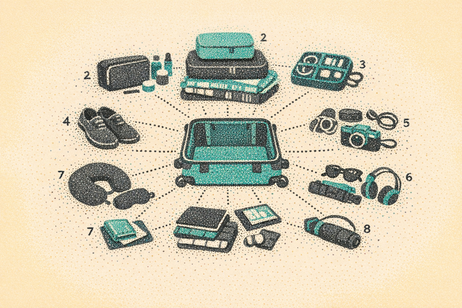 Pointillist illustration of a packed carry-on shown in exploded view with numbered content layers radiating outward on a sand background.