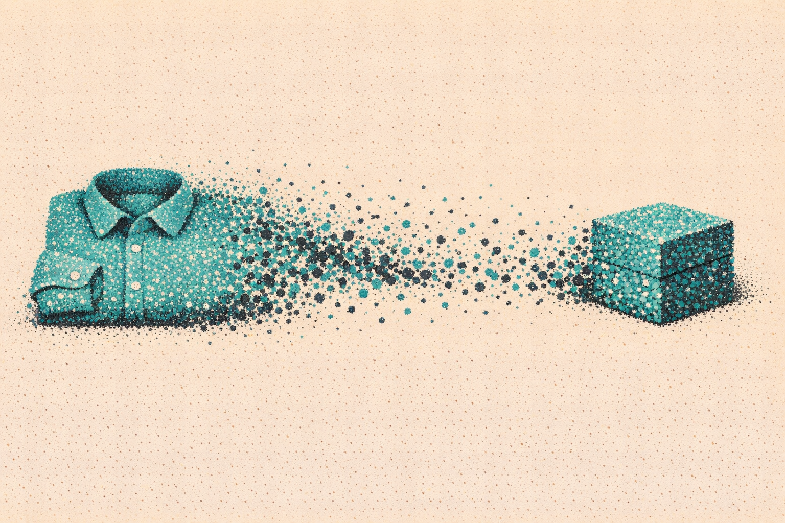 Pointillist illustration of a folded shirt dissolving into dots that re-form as a packing cube to the right.