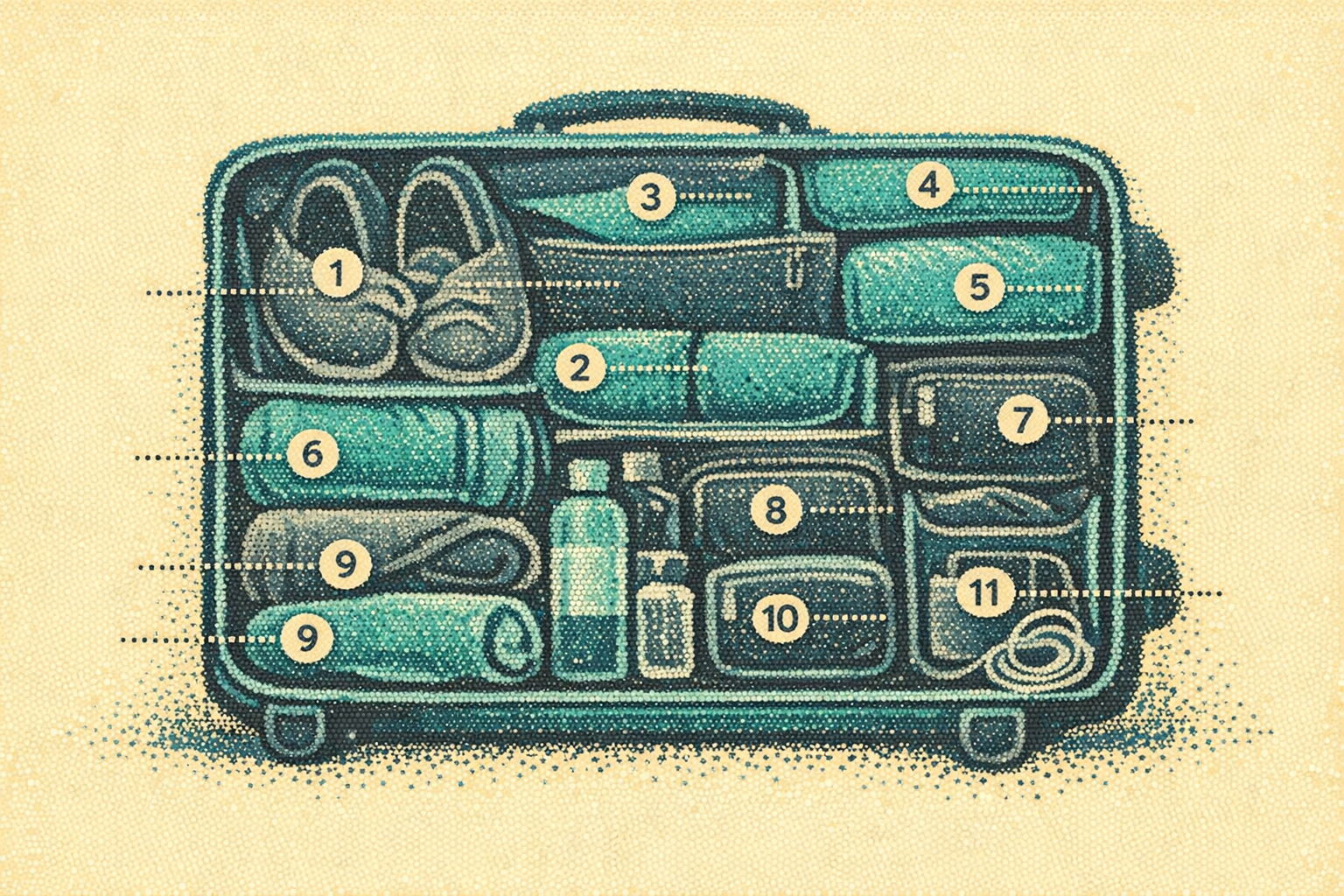 Pointillist cross-section illustration of a packed carry-on with twelve numbered tactical zones on a sand background.