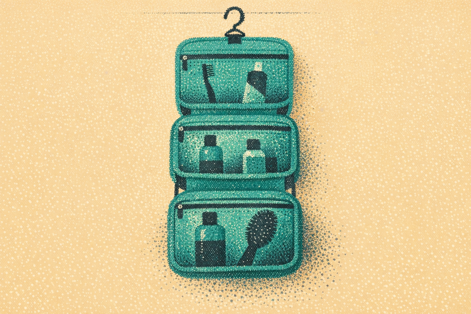 Pointillist illustration of an open three-compartment hanging toiletry bag with small bottles and toothbrush silhouettes inside, suspended against a warm sand background.